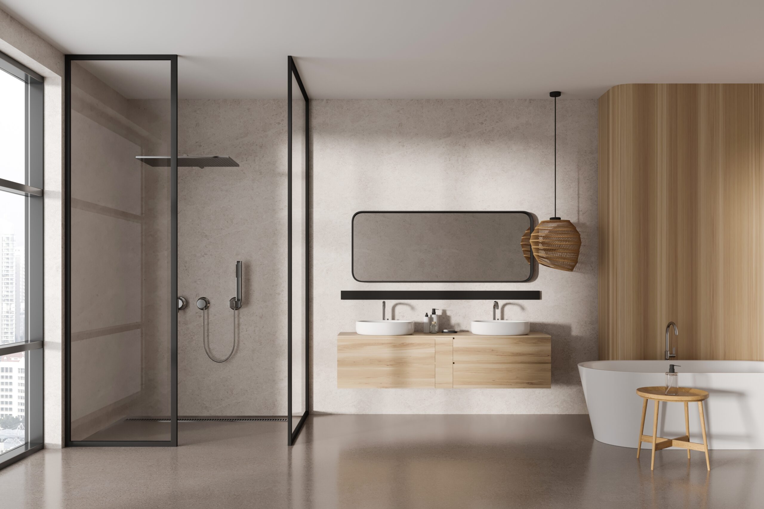 Interior,Of,Modern,Bathroom,With,White,And,Wooden,Walls,,Concrete