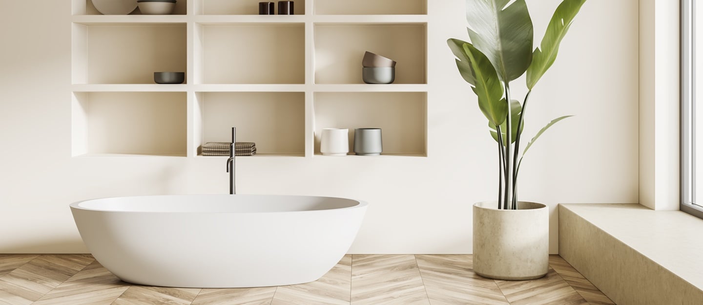 Light bathroom interior with bathtub, shelf with decoration and window