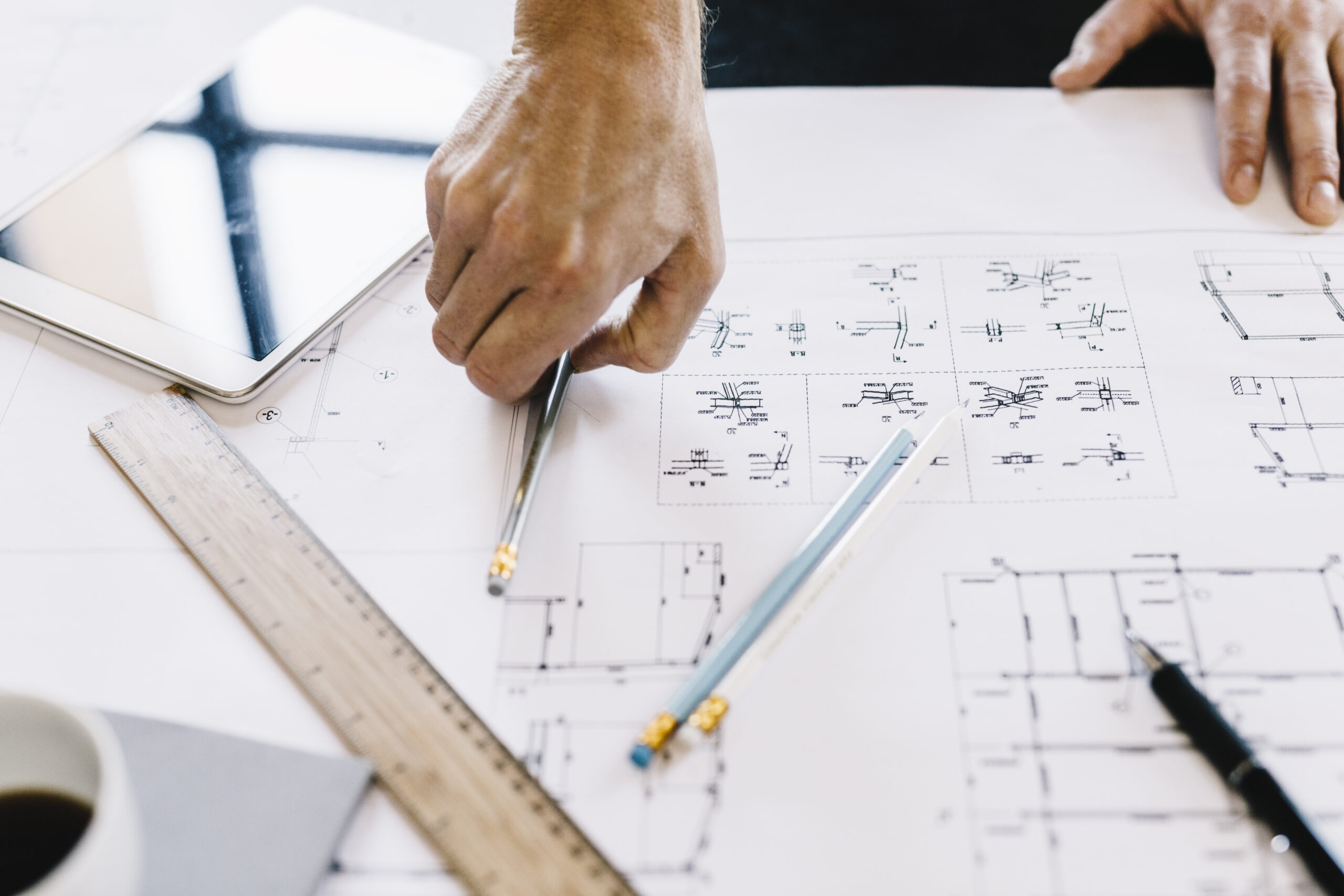 Architect working, laptop, tablet, mobile phone, voice message,