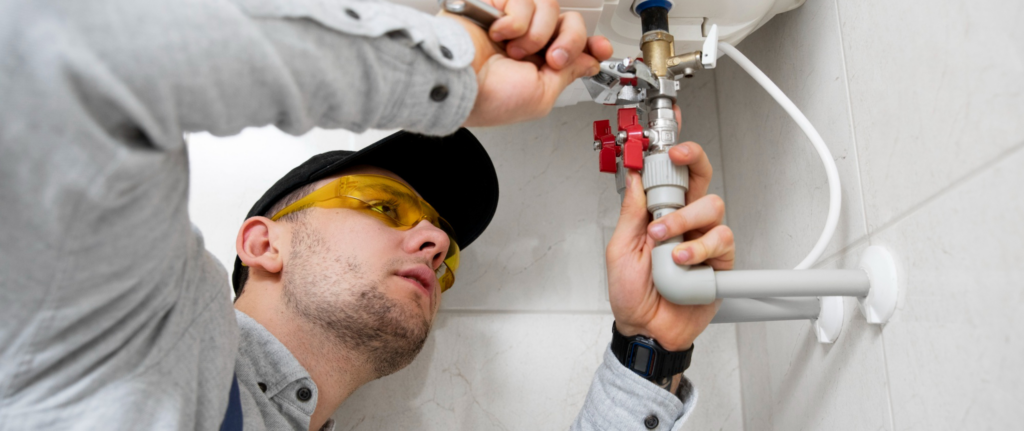 teknisi memakai topi dan kacamata sedang mengecek water heater