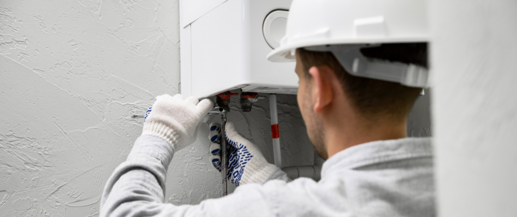 seorang pria sedang memperbaiki atau memasang water heater