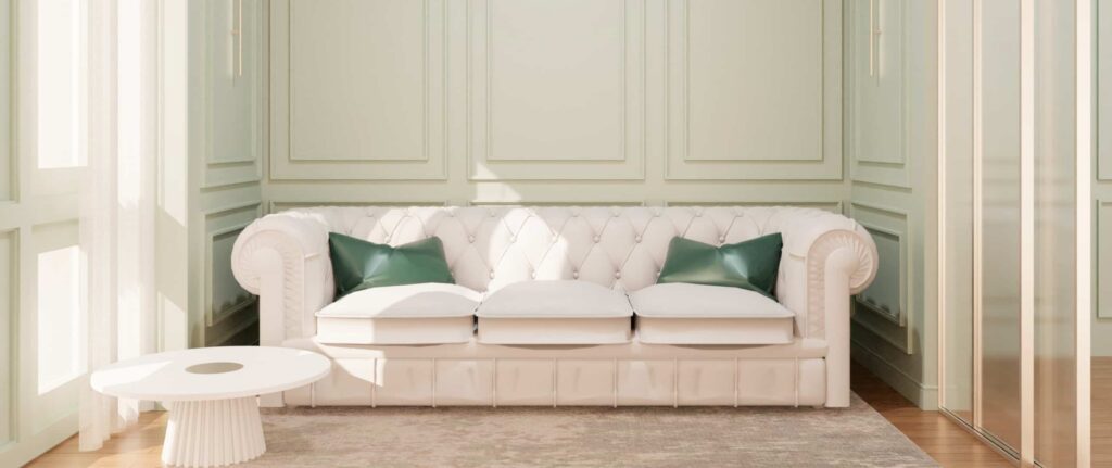 ruang tamu nuansa sage, hijau emerald, cokelat, dan putih