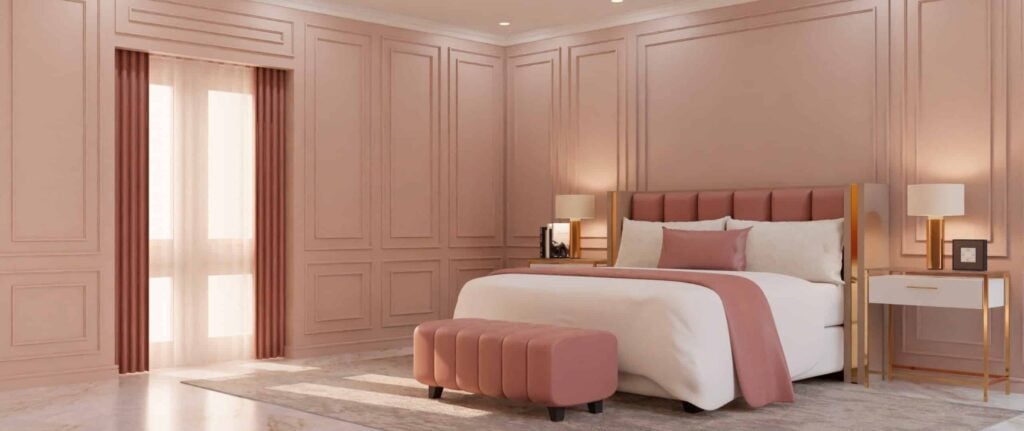 kamar tidur dominan warna pink pastel