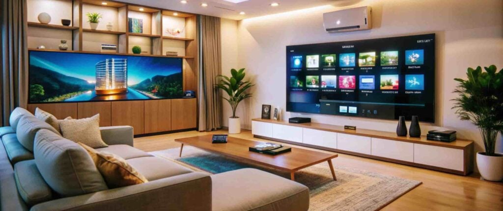 ruang tamu modern dengan sofa, smart tv, dan ac ruang tamu modern dengan sofa, smart tv, dan ac