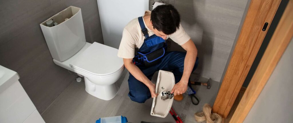 tenaga profesional yang memperbaiki toilet