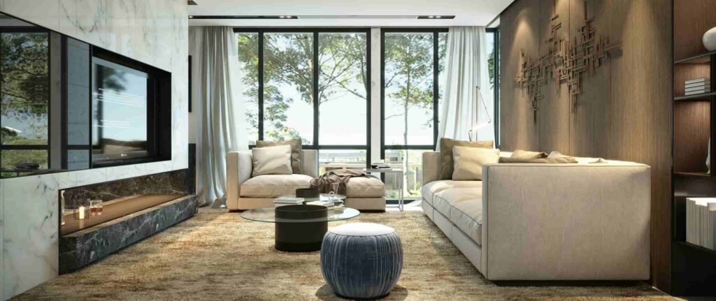 ruang tamu dengan perpaduan warna dan aksen yang mewah