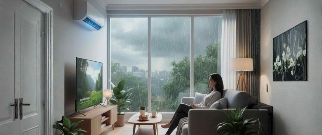 Wanita sedang bersantai di ruang keluarga