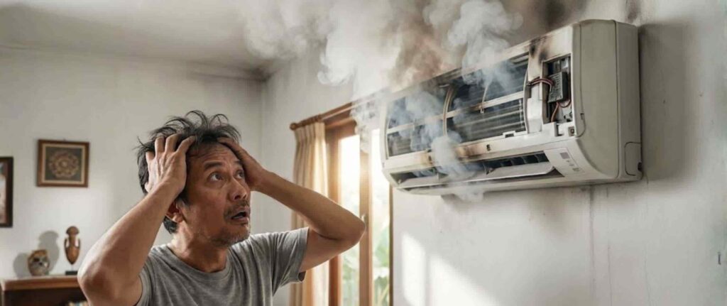 Seorang pria sedang menatap AC yang rusak