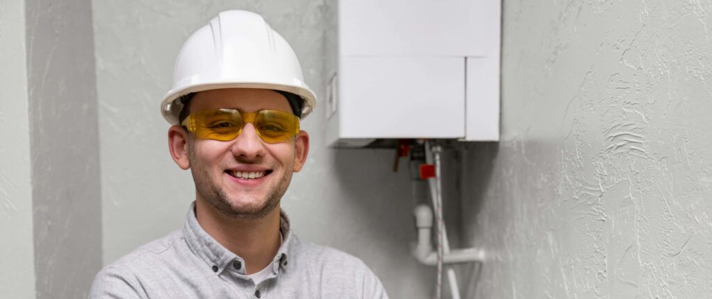 teknisi yang berpose di depan unit pemanas air