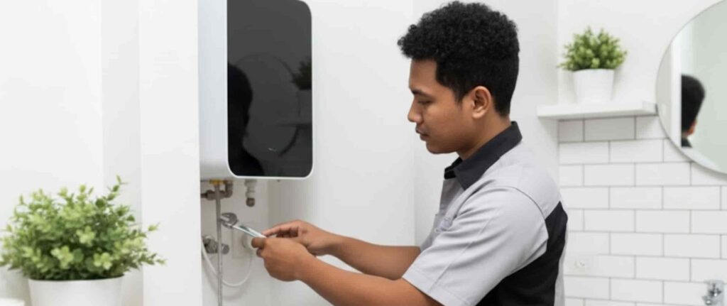 Teknisi sedang memperbaiki water heater