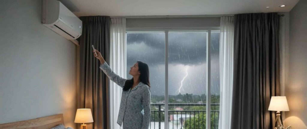 Wanita sedang menyalakan AC