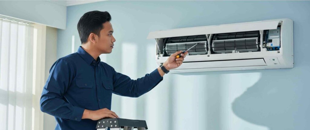 Teknisi sedang memeriksa kondisi AC