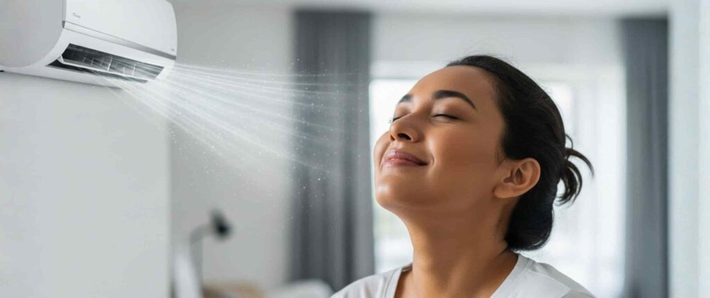 Seorang wanita sedang menghirup udara segar dari AC