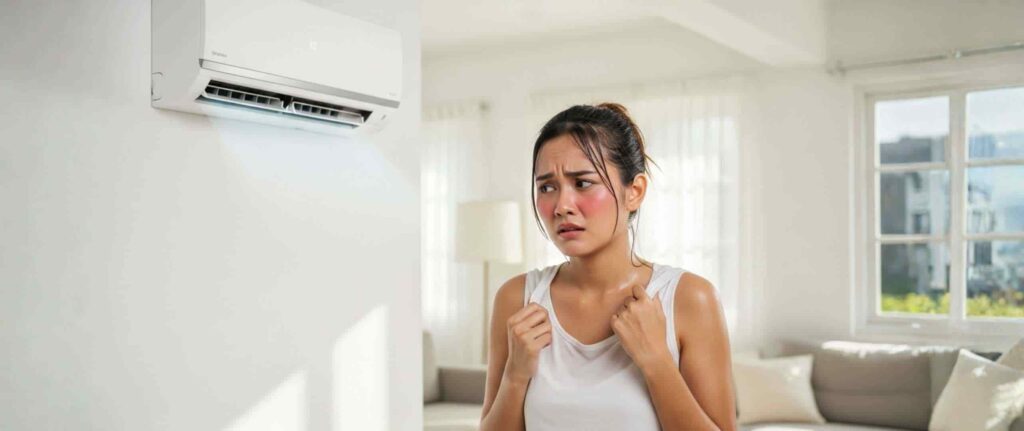 Seorang wanita berada dalam kondisi gerah karena suhu yang panas