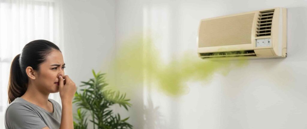 Seorang wanita mencium aroma tidak sedap dari AC