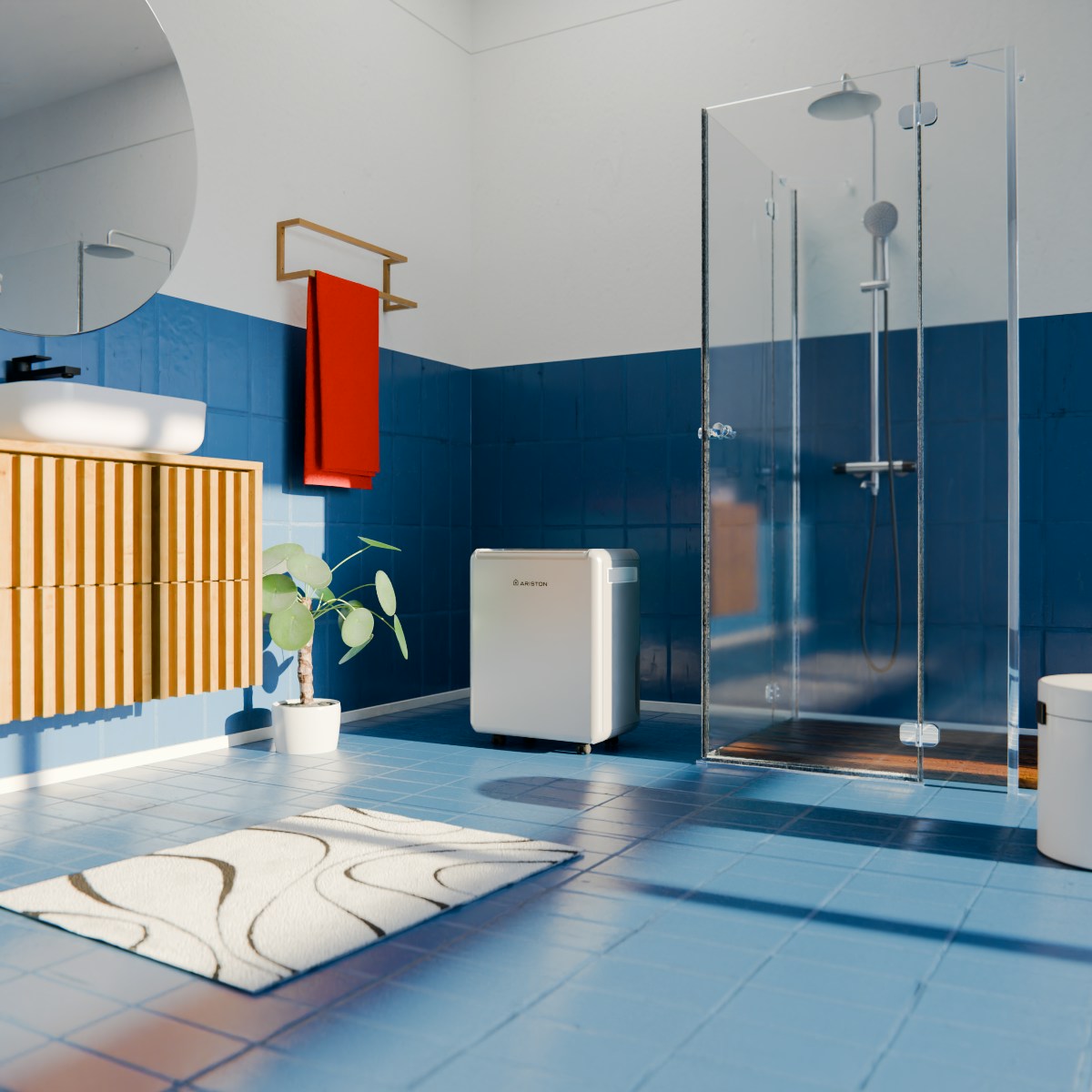 Dezumidificator Ariston DEOS EVO 12 in functiune pe pardoseala din baie