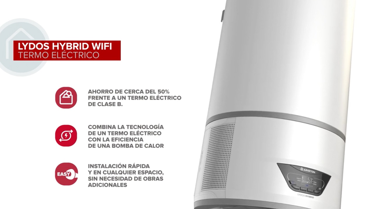 Termo eléctrico con Aerotermia, Ariston, Lydos Hybrid Wifi 80L + Depósito  de Condensados + Soporte de pared Instafix, Clase Energetica A